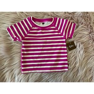 NWT Tea Collection Hot Pink And Ivory Striped Short Sleeve Rash Guard